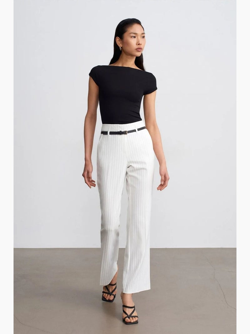 Pantalon flare rayé à taille haute avec ceinture dilvin Blanc - Kiabi