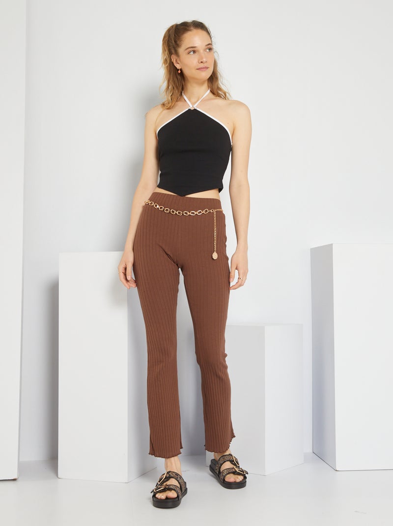 Pantalon flare/bootcut en maille côtelée marron - Kiabi
