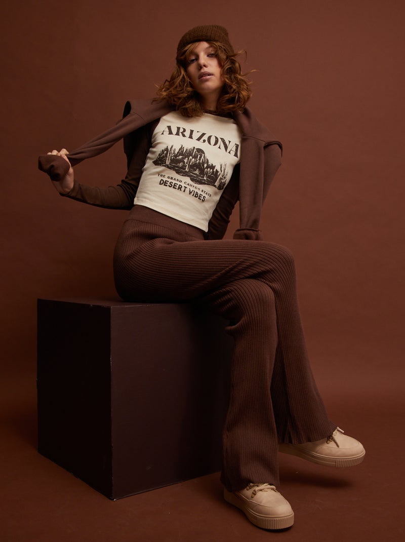 Pantalon flare/bootcut en maille côtelée Marron - Kiabi