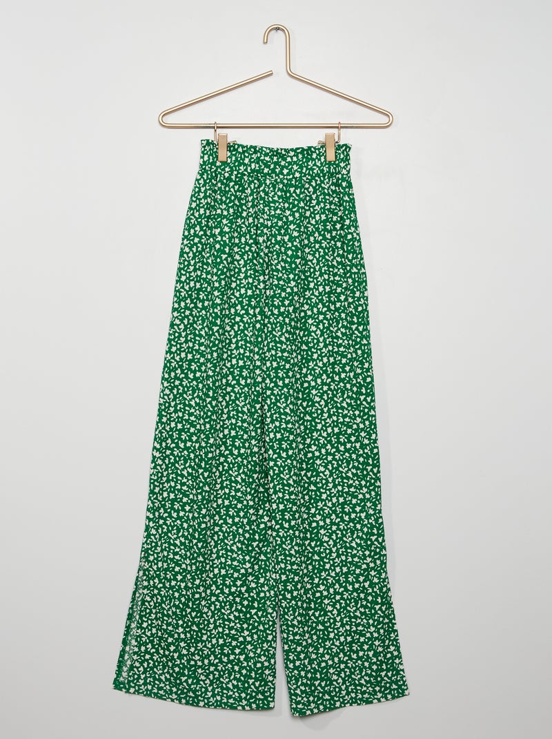 Pantalon fleuri en maille crêpée Vert - Kiabi