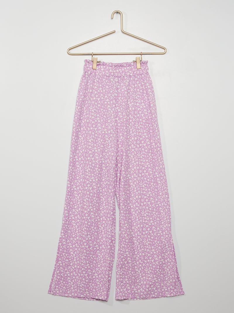 Pantalon fleuri en maille crêpée Violet - Kiabi