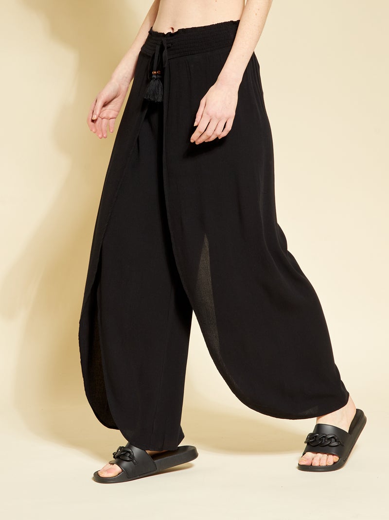 Pantalon fluide ajouré en maille crêpe Noir - Kiabi