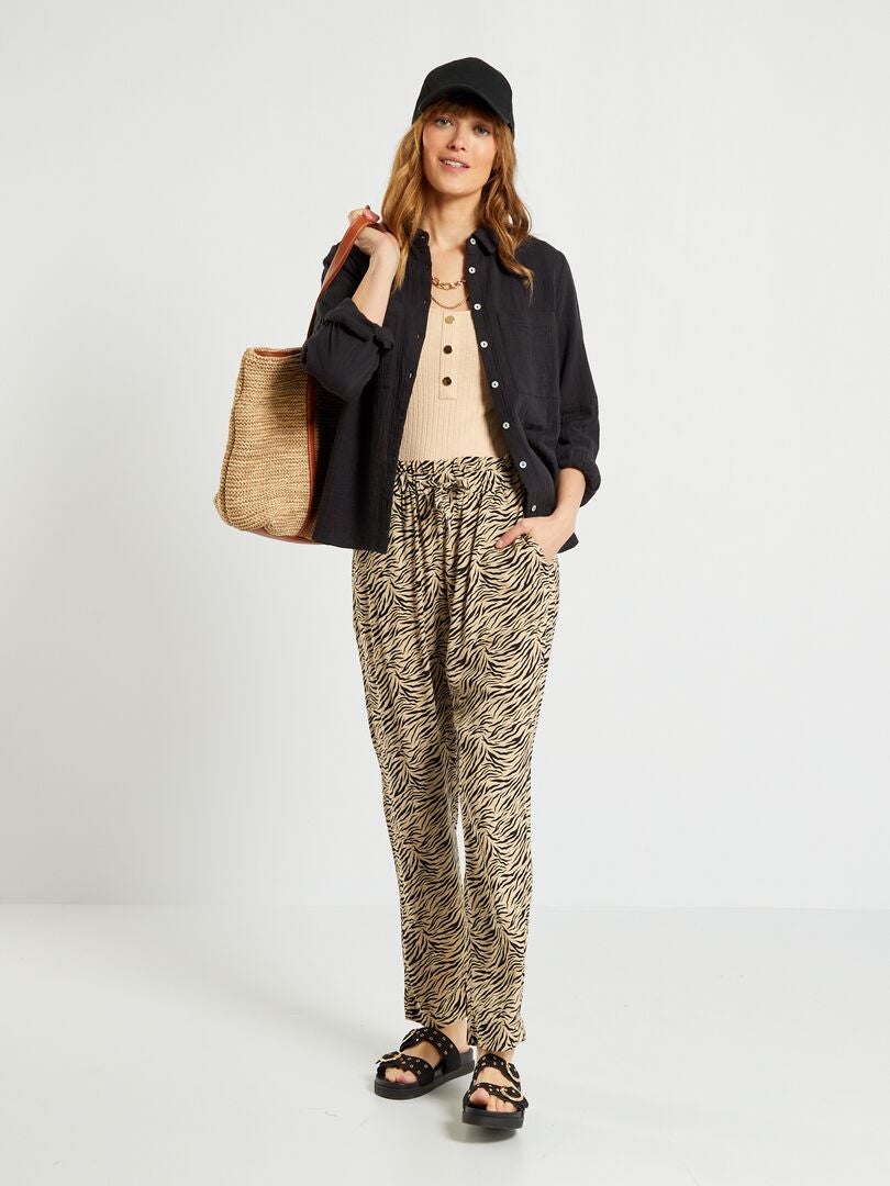 Pantalon fluide avec imprimé Beige - Kiabi