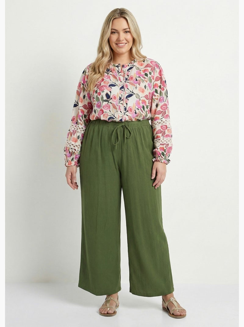 Pantalon fluide avec lin, effet naturel - afibel Kaki - Kiabi