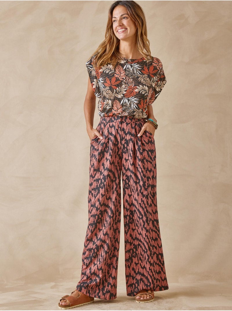 Pantalon fluide bas large - DAXON Marron/Multicolore - Kiabi