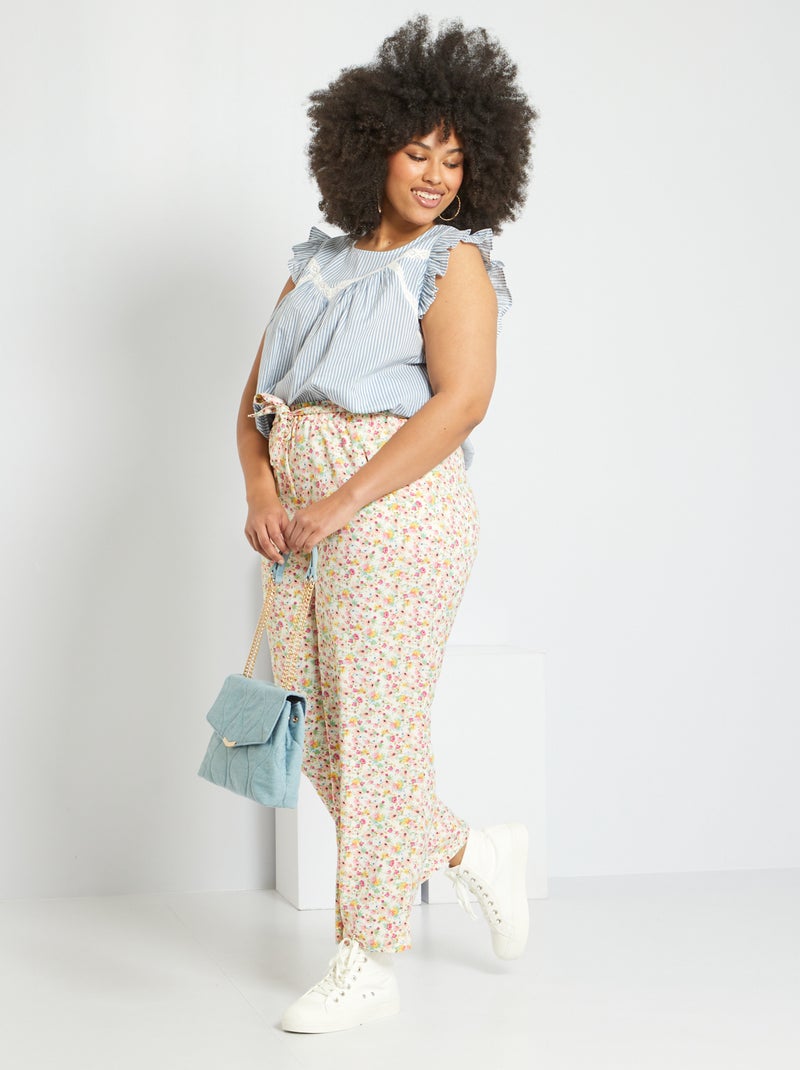 Pantalon fluide ceinturé et imprimé 'fleurs' beige - Kiabi