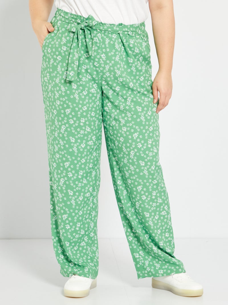 Pantalon fluide ceinturé et imprimé vert - Kiabi
