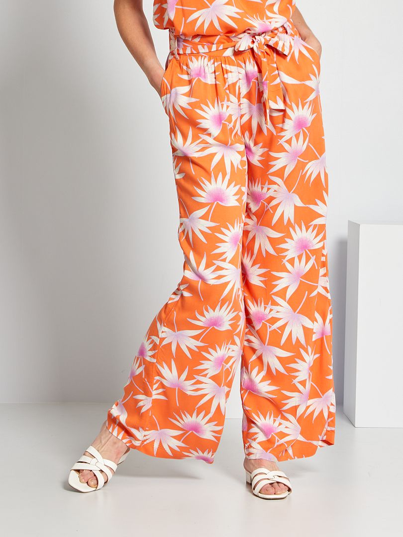 Pantalon fluide fleuri orange - Kiabi
