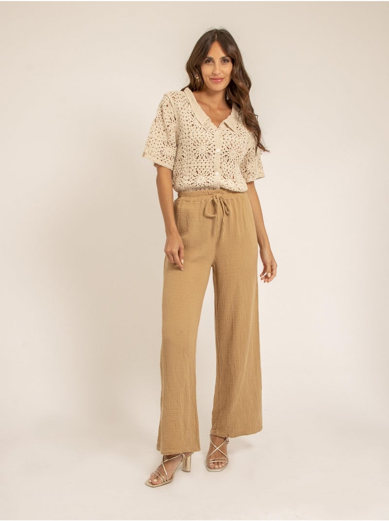 Pantalon fluide gaze de coton EBERTINE Beige - Kiabi