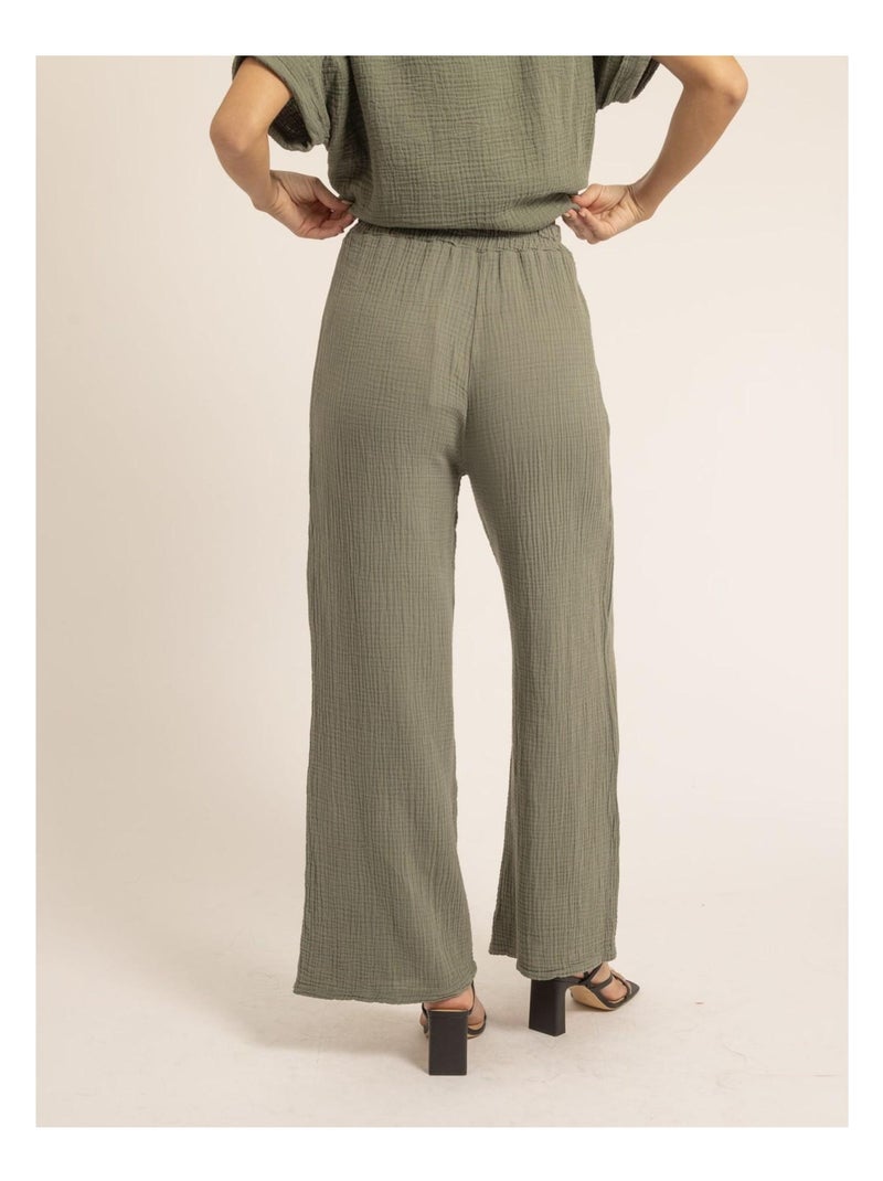 Pantalon fluide gaze de coton EBERTINE Kaki - Kiabi