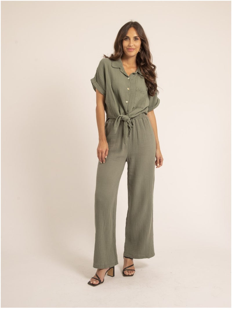 Pantalon fluide gaze de coton EBERTINE Kaki - Kiabi
