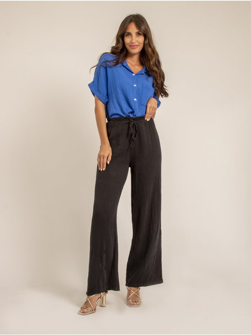 Pantalon fluide gaze de coton EBERTINE Noir - Kiabi