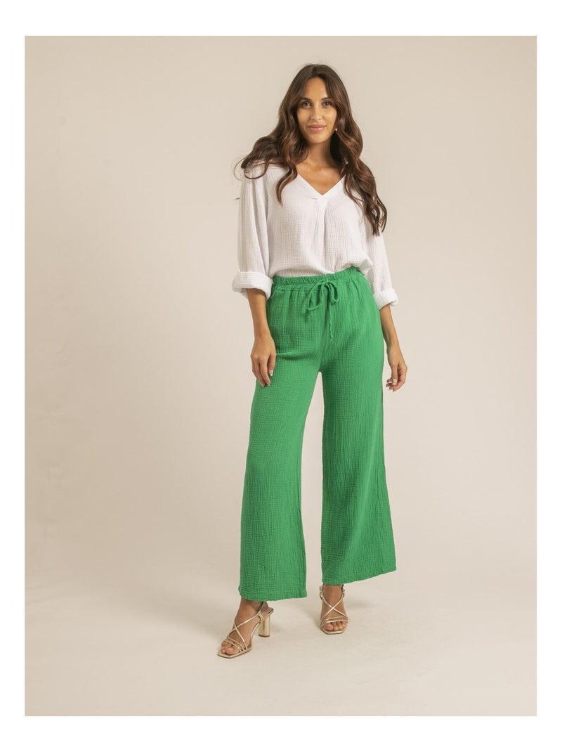 Pantalon fluide gaze de coton EBERTINE Vert - Kiabi