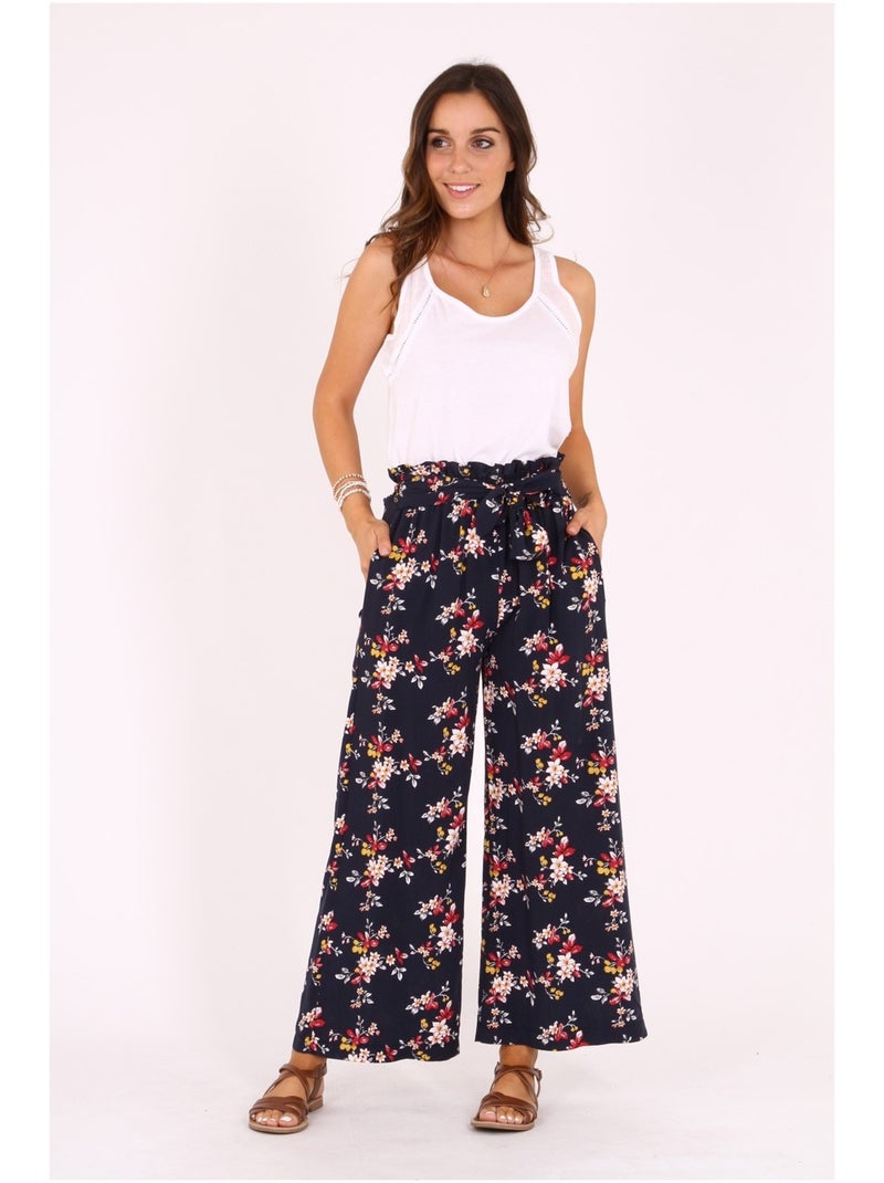 Pantalon fluide imprimé ELORE Bleu marine - Kiabi