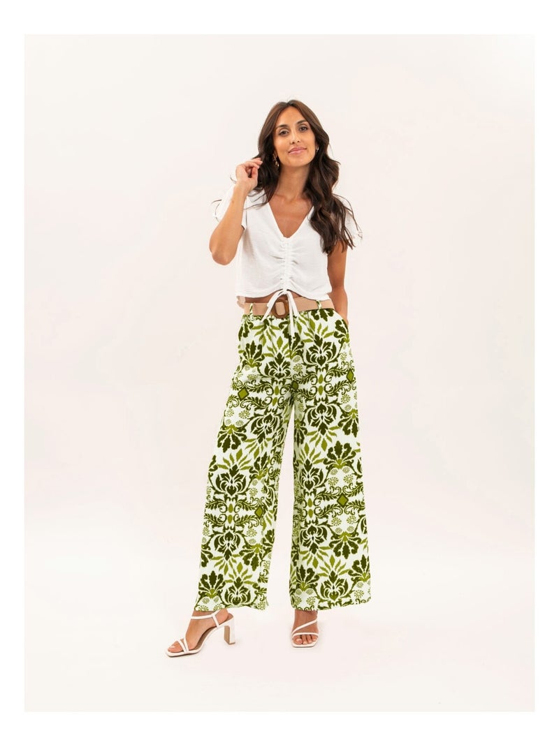 Pantalon fluide motifs avec ceinture etobia Kaki - Kiabi