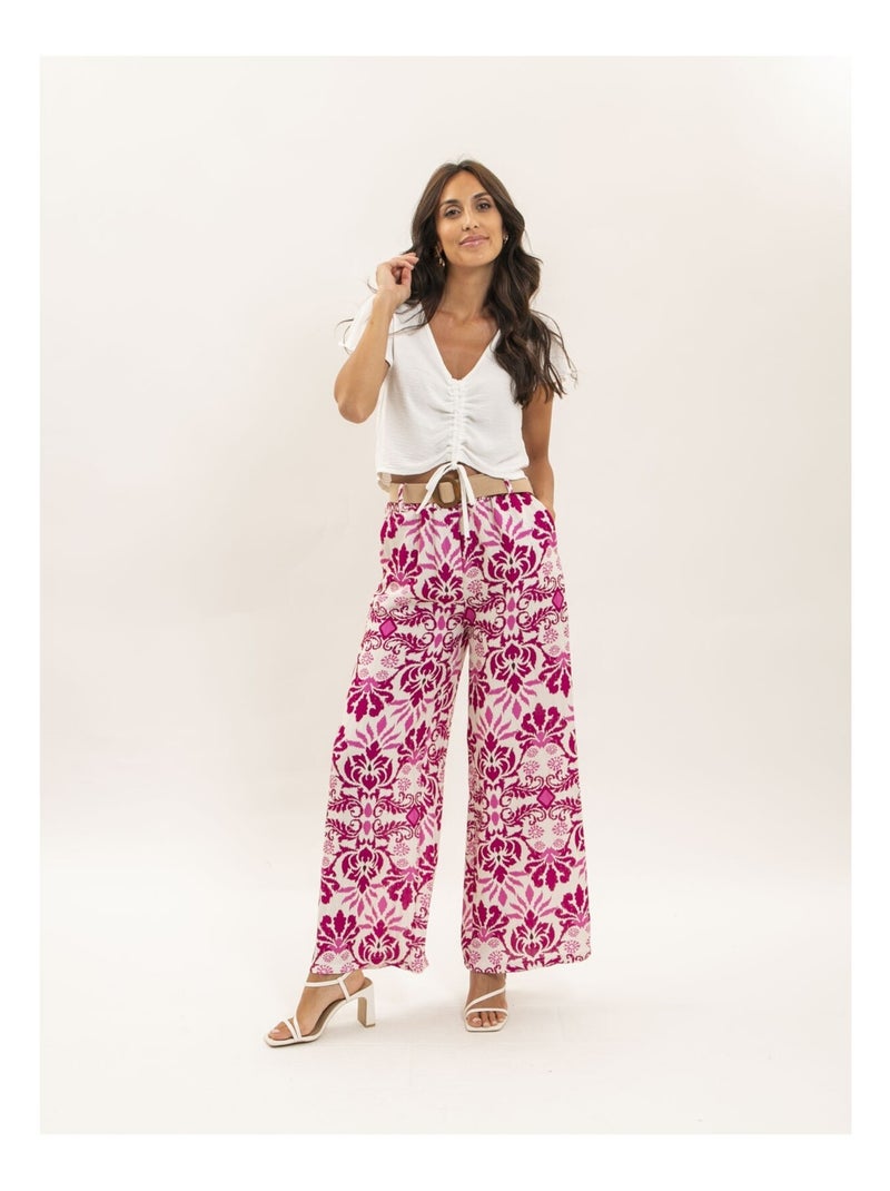 Pantalon fluide motifs avec ceinture etobia Rose fushia - Kiabi