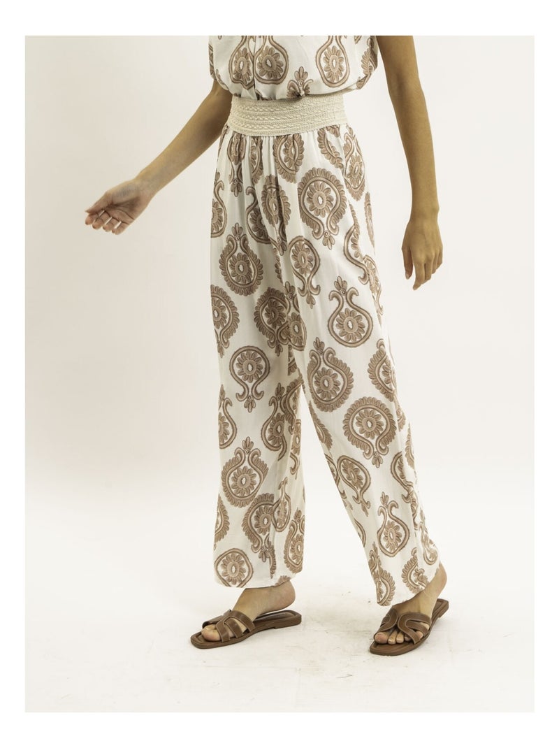 Pantalon fluide motifs EMILINE Beige - Kiabi