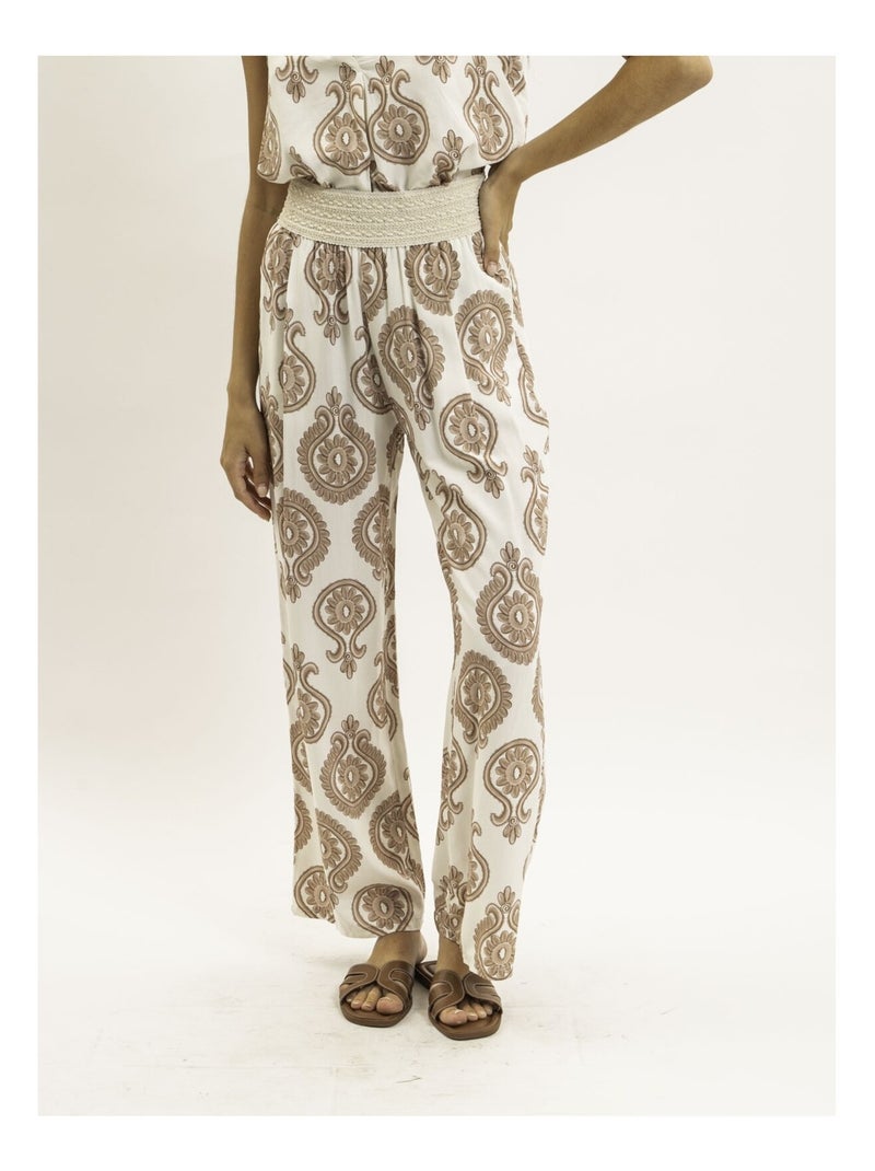 Pantalon fluide motifs EMILINE Beige - Kiabi