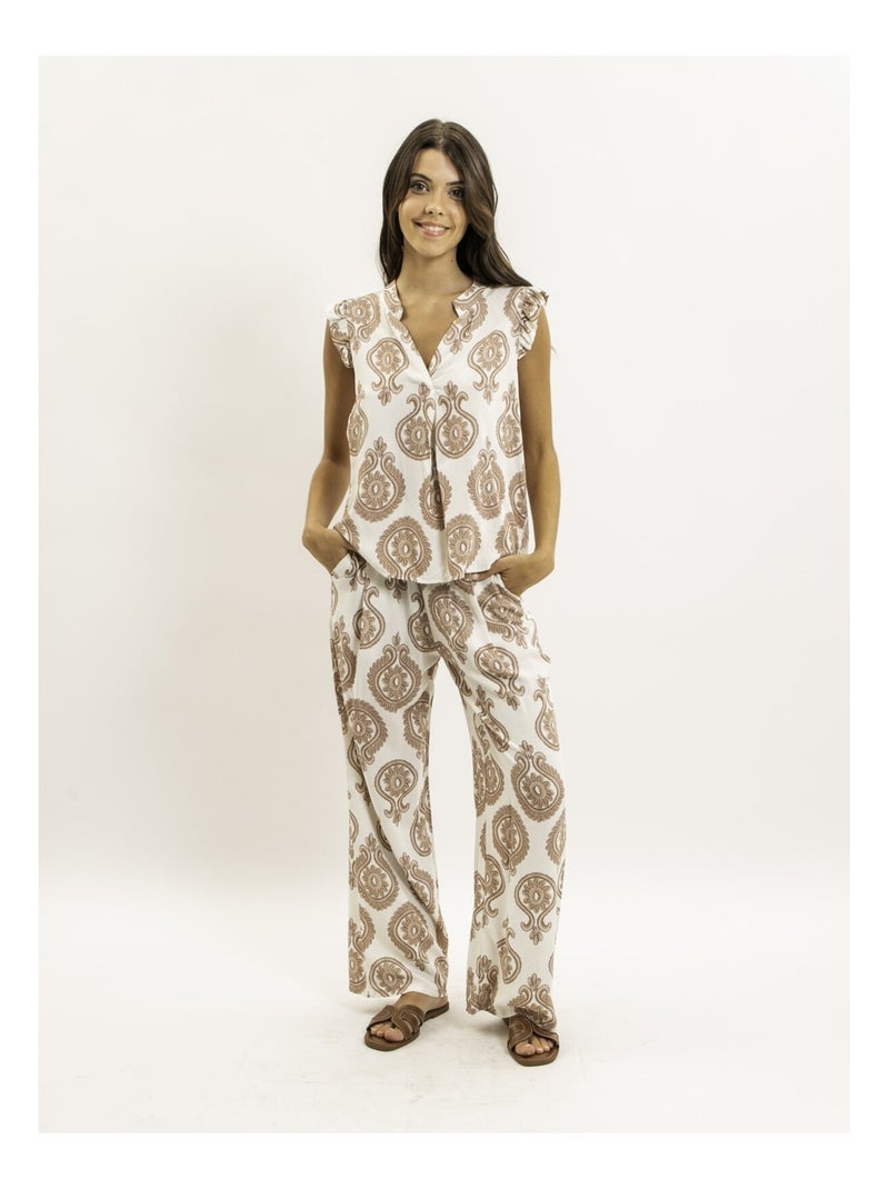 Pantalon fluide motifs EMILINE Beige - Kiabi