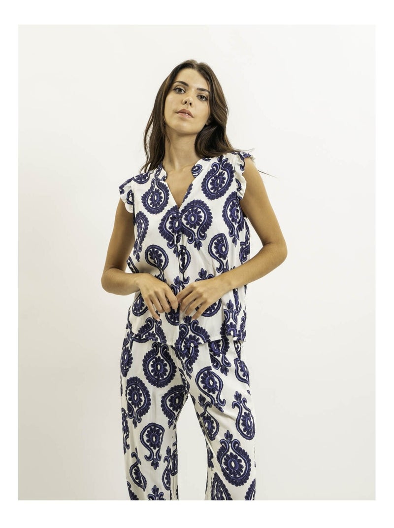 Pantalon fluide motifs EMILINE Bleu marine - Kiabi