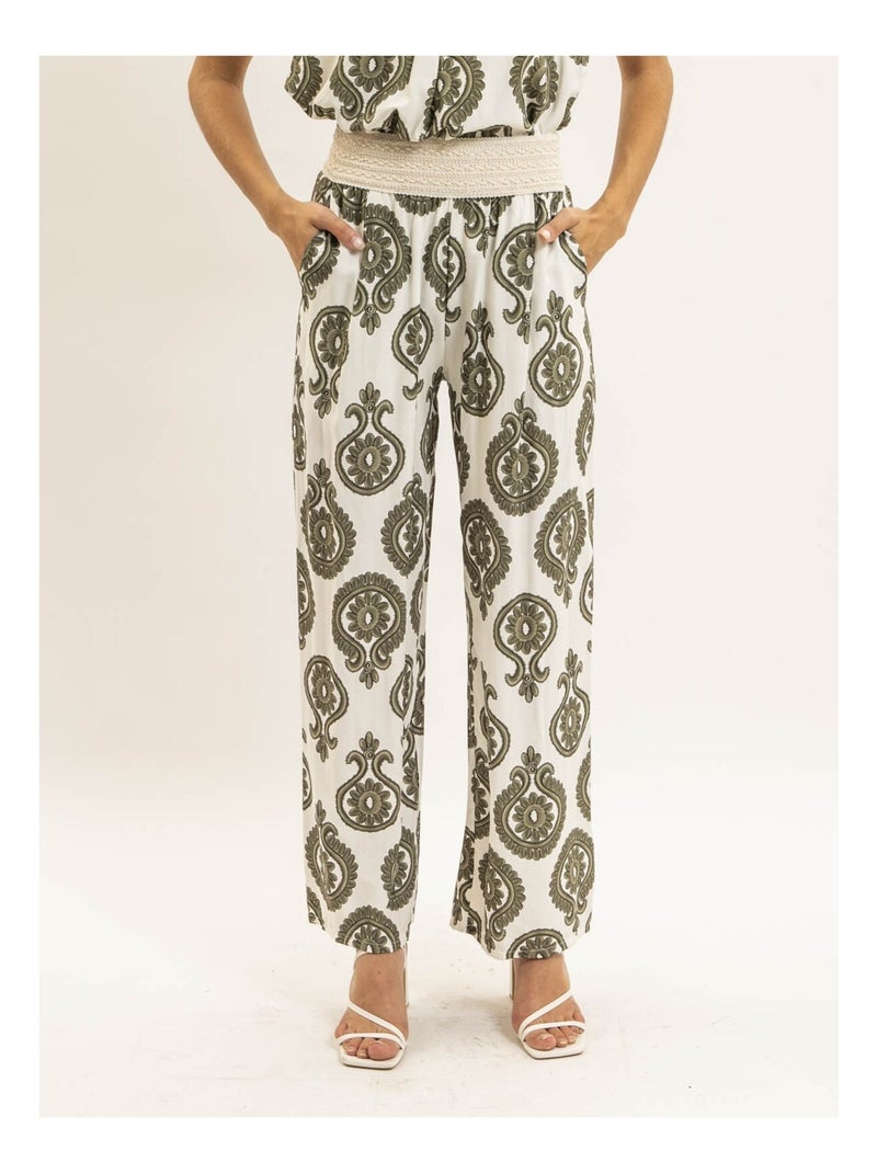 Pantalon fluide motifs EMILINE Kaki - Kiabi