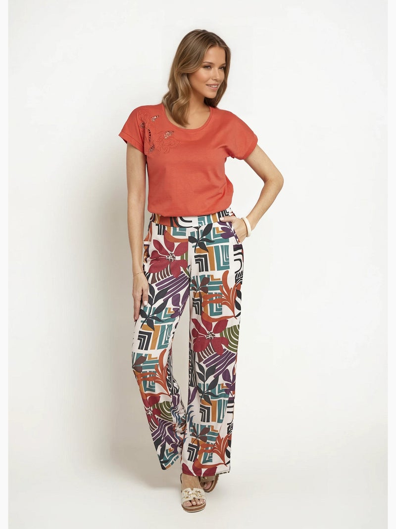 Pantalon fluide stretch, fleuri graphique - Afibel Beige - Kiabi
