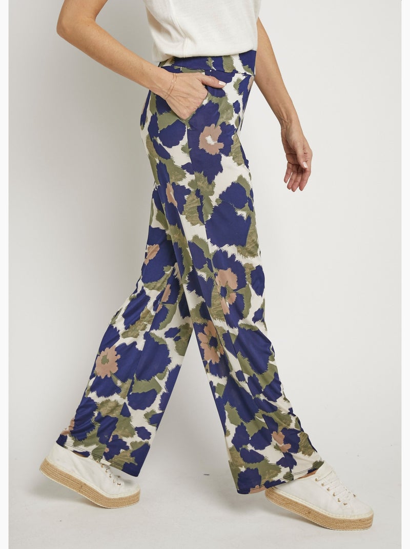 Pantalon fluide stretch, fleuri stylisé - Afibel Bleu marine - Kiabi