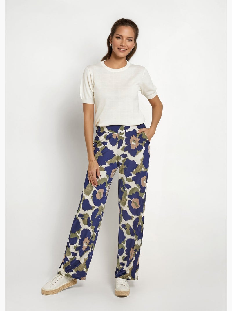 Pantalon fluide stretch, fleuri stylisé - Afibel Bleu marine - Kiabi