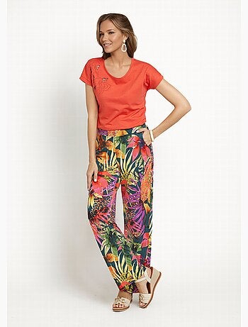 Pantalon fluide stretch, fleuri tropical - Afibel