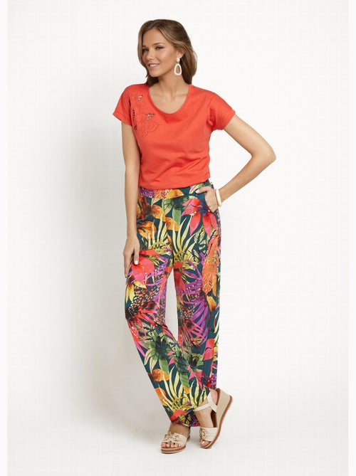 Pantalon fluide stretch, fleuri tropical - Afibel - Kiabi