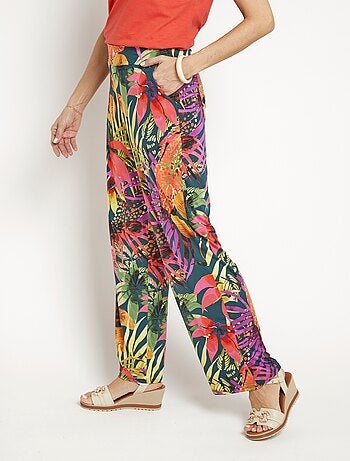 Pantalon fluide stretch, fleuri tropical