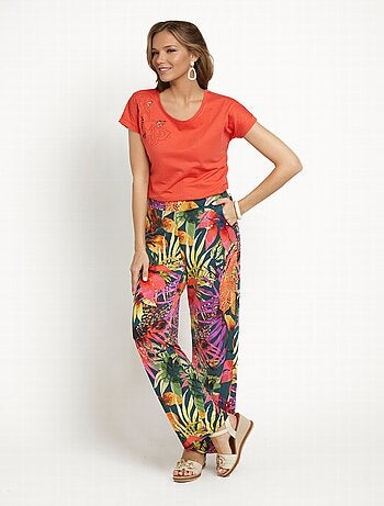 Pantalon fluide stretch, fleuri tropical