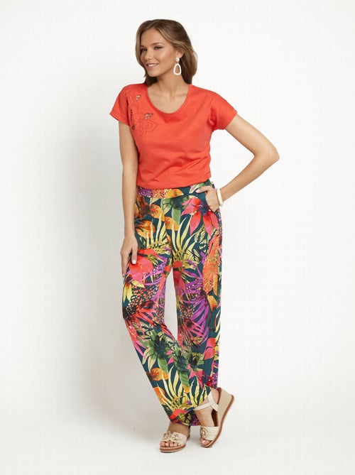 Pantalon fluide stretch, fleuri tropical - Kiabi
