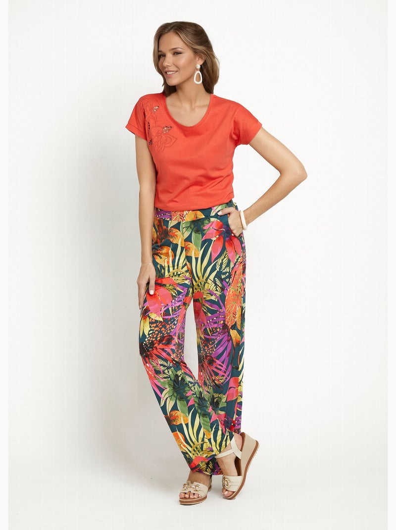 Pantalon fluide stretch, fleuri tropical Multicolore - Kiabi