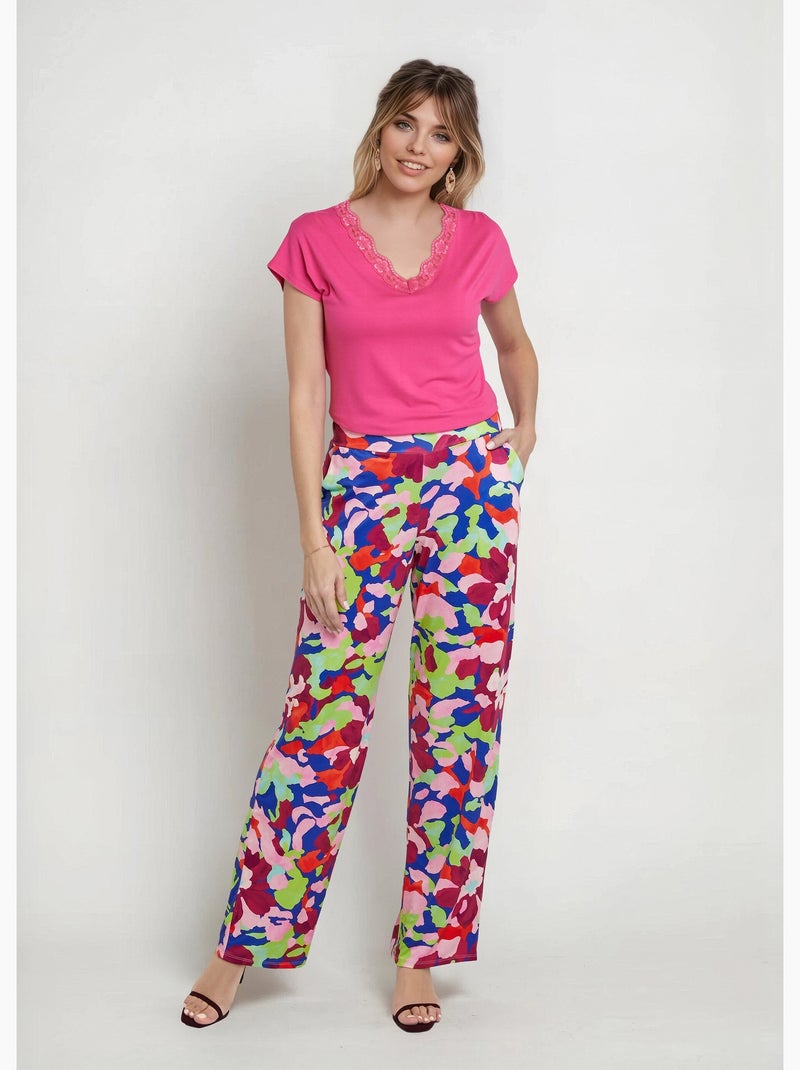 Pantalon fluide stretch, motif fleuri pop - Afibel Rose - Kiabi
