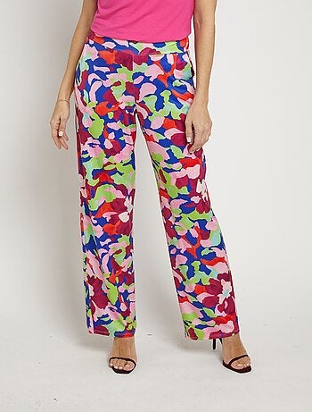 Pantalon fluide stretch, motif fleuri pop