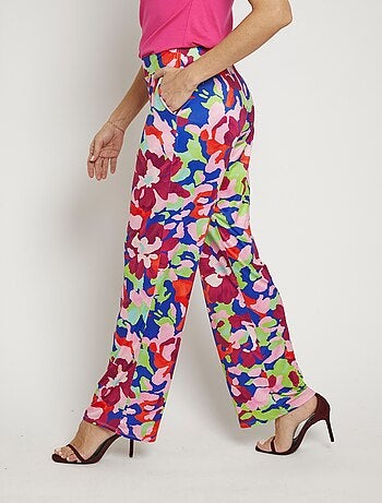 Pantalon fluide stretch, motif fleuri pop