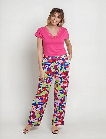 Pantalon fluide stretch, motif fleuri pop