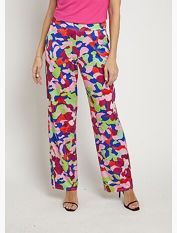 Pantalon fluide stretch, motif fleuri pop