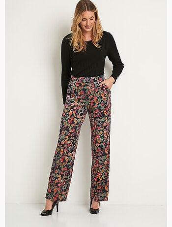 Pantalon fluide taille semi élastiquée velours ras fleuri - Afibel