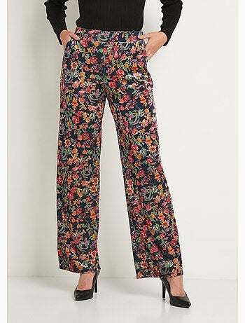 Pantalon fluide taille semi élastiquée velours ras fleuri
