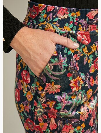 Pantalon fluide taille semi élastiquée velours ras fleuri