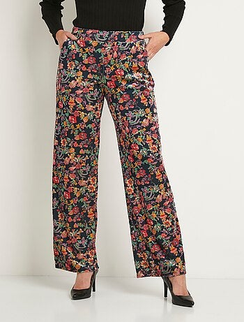 Pantalon fluide taille semi élastiquée velours ras fleuri
