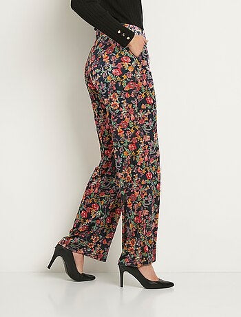 Pantalon fluide taille semi élastiquée velours ras fleuri