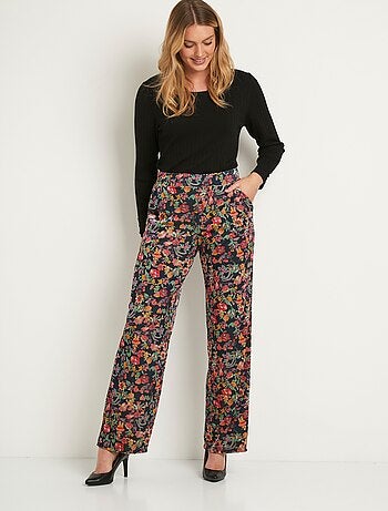 Pantalon fluide taille semi élastiquée velours ras fleuri