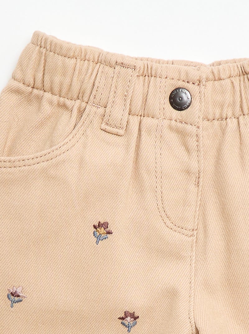 Pantalon forme paperbag avec broderie 'fleurs' Beige - Kiabi