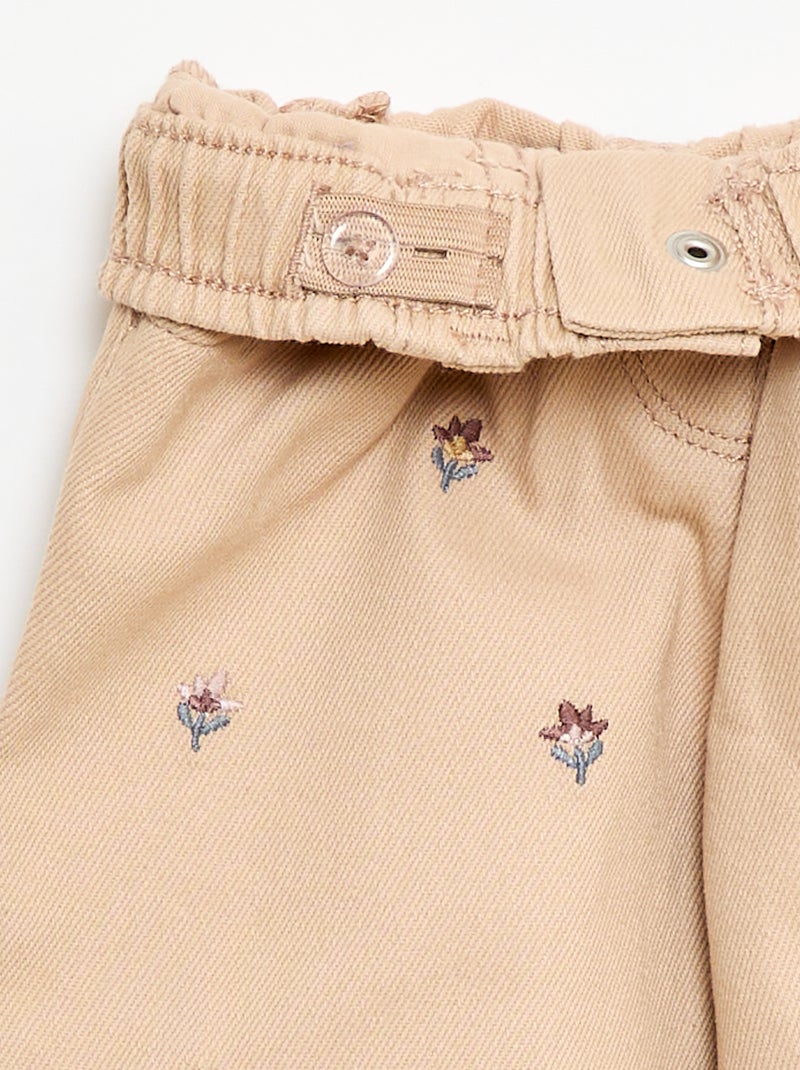 Pantalon forme paperbag avec broderie 'fleurs' Beige - Kiabi