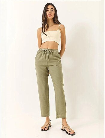 Pantalon fuselé en lin avec poches et ceinture nouée bianco lucci
