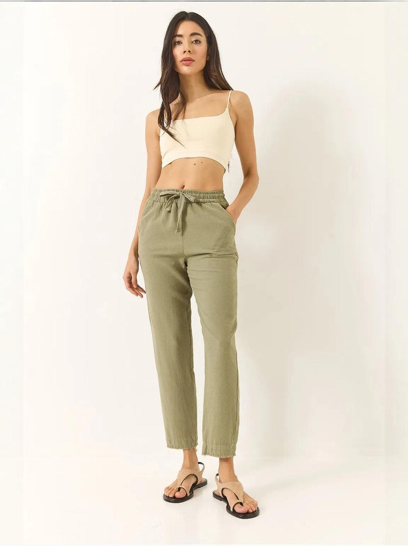 Pantalon fuselé en lin avec poches et ceinture nouée bianco lucci Kaki - Kiabi