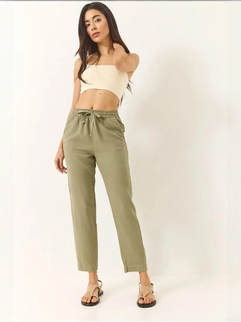 Pantalon fuselé en lin avec poches et ceinture nouée bianco lucci Kaki - Kiabi